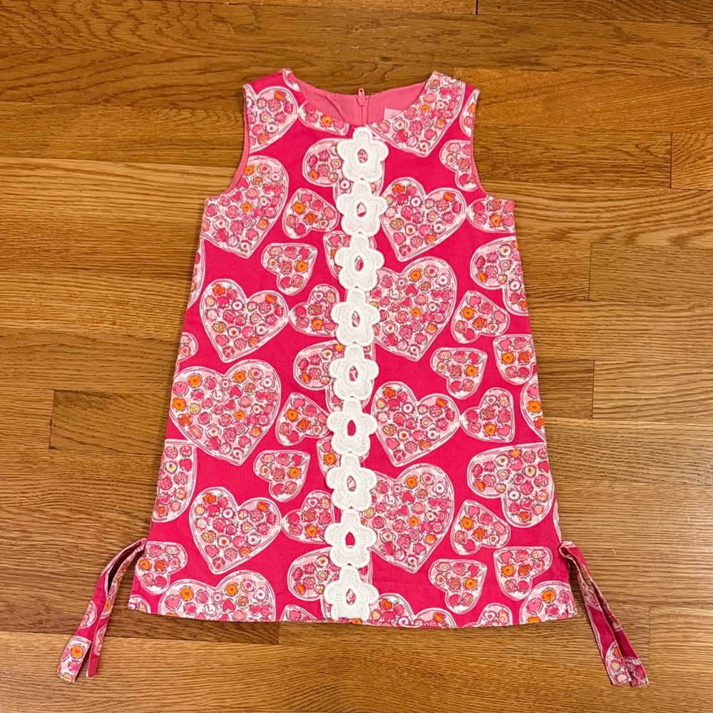 Lilly Pulitzer 4T Pink Heart Print Sleeveless Shift Dress with Crochet Trim
